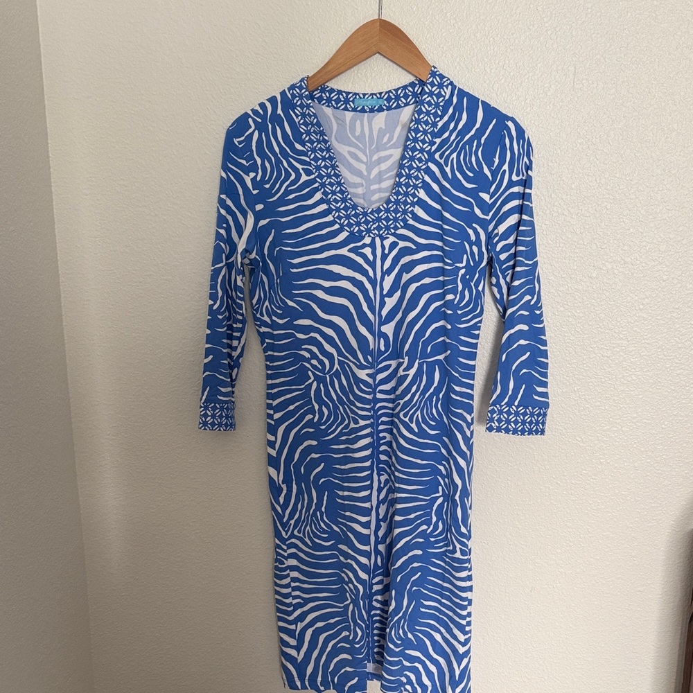 J. McLaughlin Blue and White Printed Scoop Neck Dress